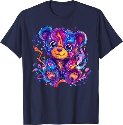 Colorful Vibrant Rainbow Teddy Bear T-Shirt for Men, Navy Blue, 6XL