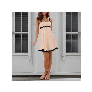 Senllen Womens Summer Flowy Mini Dress 2026 Casual Spaghetti Straps Sleeveless Smocked Backless Swing Wave Trim Sundress
, M