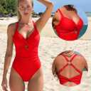 OQQ Women’s One Piece Swimsuit Tummy Control V Neck Twist Front Bathing Suit Cutout Full Coverage Slimming Swimwear (Red, L)