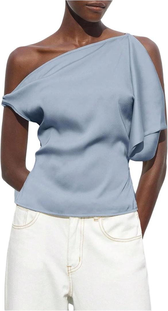 MakeMeChic Women's Satin Off The Shoulder Sleeveless Tie Back Dressy Tanks (Blue, S)