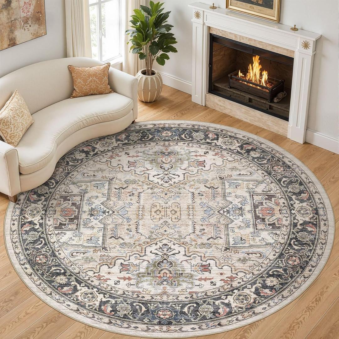 Area Rug for Living Room - 8x8 Large Soft Washable Oriental Vintage Floral Carpet Safe for Babies & Pets - Fade Stain Resistant Non Slip Rugs for Bedroom Dining Room Nursery Dorm Office Home Decor