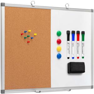 Comix Cork Board Magnetic Dry Erase Board Combo, 24 x 18 Inches Whiteboard and Bulletin Board Combination, Aluminum Frame Vision Board with 4 Dry Erase Markers, 4 Magnets, Eraser, Push Pins