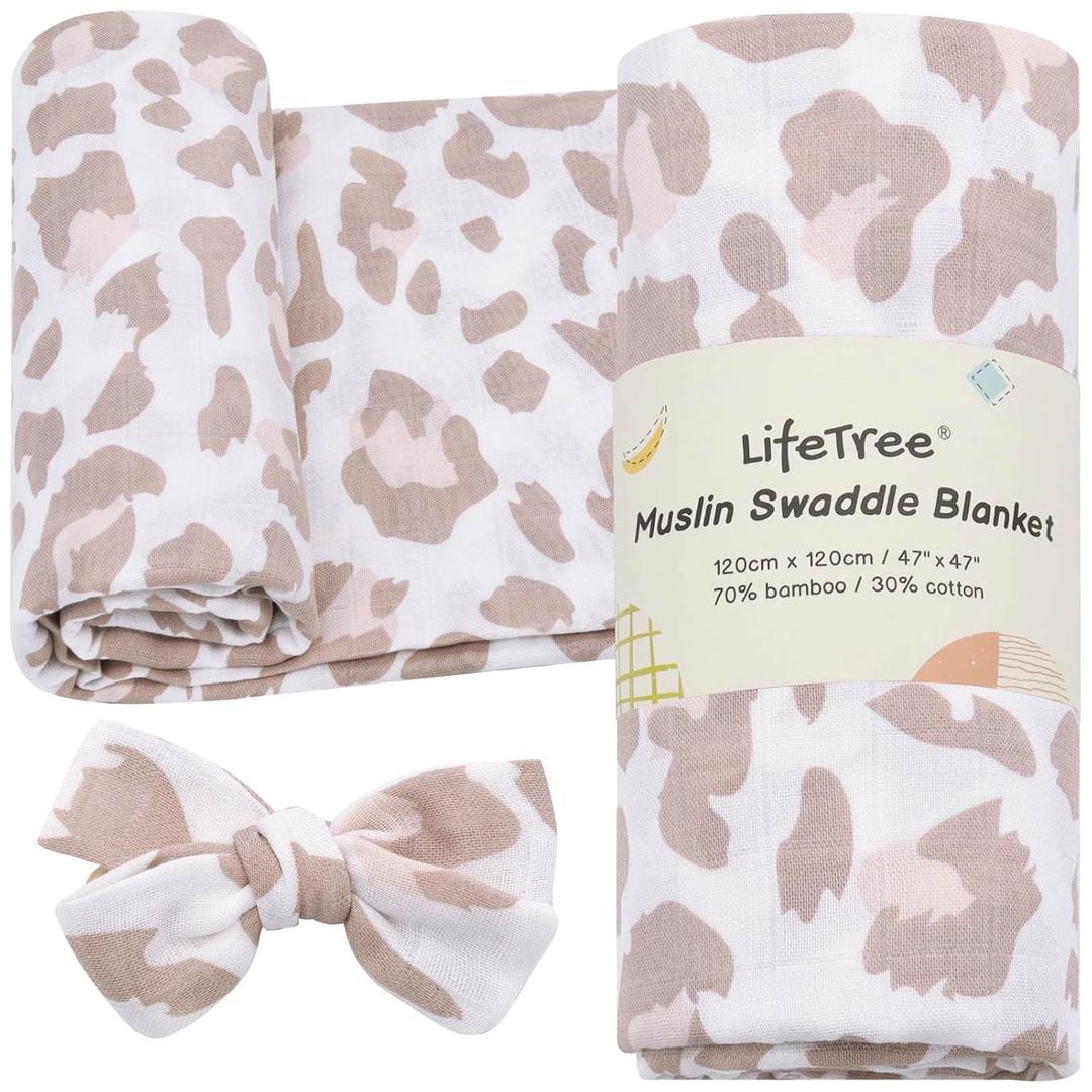 LifeTree Baby Muslin Swaddle Blankets Girl Newborn Receiving Blanket with Headband Bow Set Baby Blush Leopard Print Nursery Swaddle Wrap