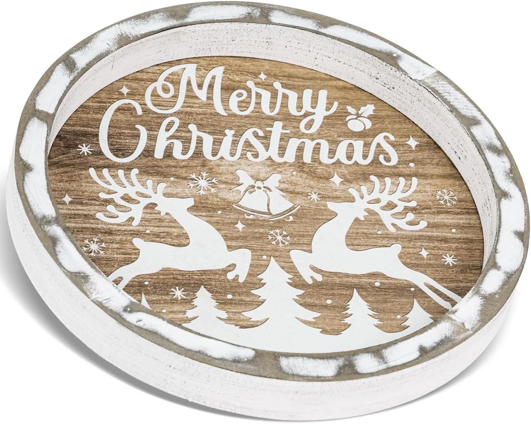 Putuo Decor Round Christmas Serving Tray Christmas Decorations for Home Rustic Decorative Wooden Tray Christmas Tray Serving Platters for Entertaining for Coffee Wine Table Serving (Brown and White)