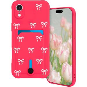 Jusy Compatible with iPhone XR Case with Card Holder, Cute Bow Design with Card Holder Phone Cover for Women Girls, Soft Silicone Protective Wallet Case - Hot Pink