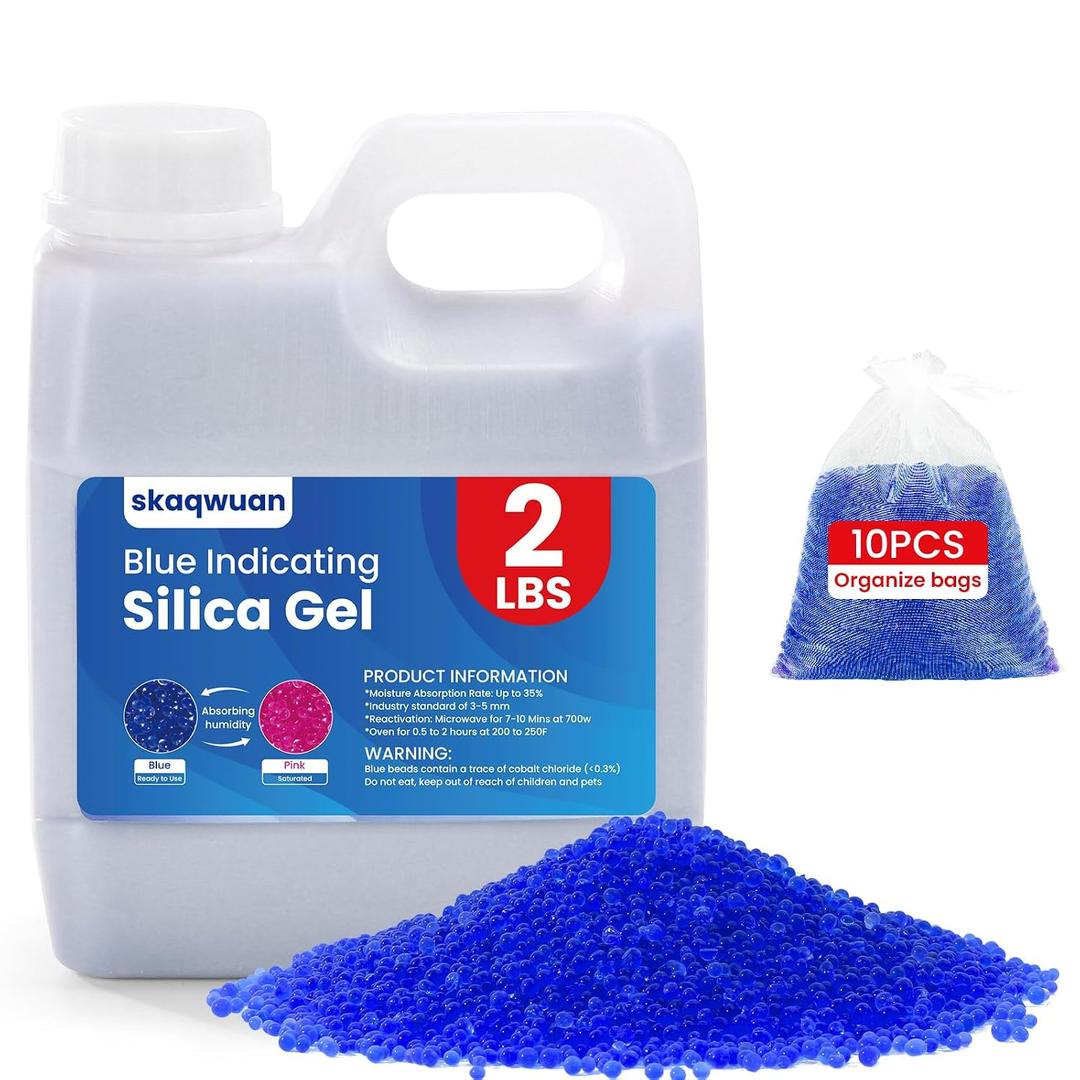 2 LBS Blue Indicating Silica Gel Desiccant Beads, Premium 3-5mm Reusable Desiccant, for Daily Electronics Camera Jewelry Home Artworks (10 PCS Organza Bag)