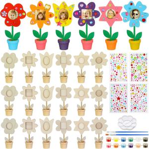 Vercraft 24 Pcs Flower Pot Picture Frames Painting Craft Kit Spring Crafts Unfinished Wood Flower DIY Picture Frame Blank Photo Holder with Painting Tools Gem Stickers for Mother's Day