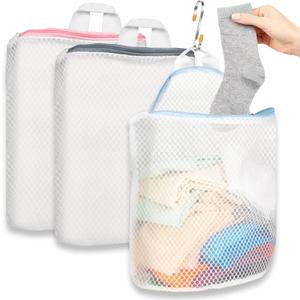 3Pcs Hanging Laundry Bags for Socks with S Hooks, 3 Color Mesh Laundry Bags for Washing Machine