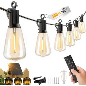 Brightown 100FT Solar String Lights Outdoor Waterproof with Remote, 31+1 LED Shatterproof Bulbs, Dimmable & Timable, 3 Light Modes - Commercial Grade Patio Lights for Garden Backyard Party Decor