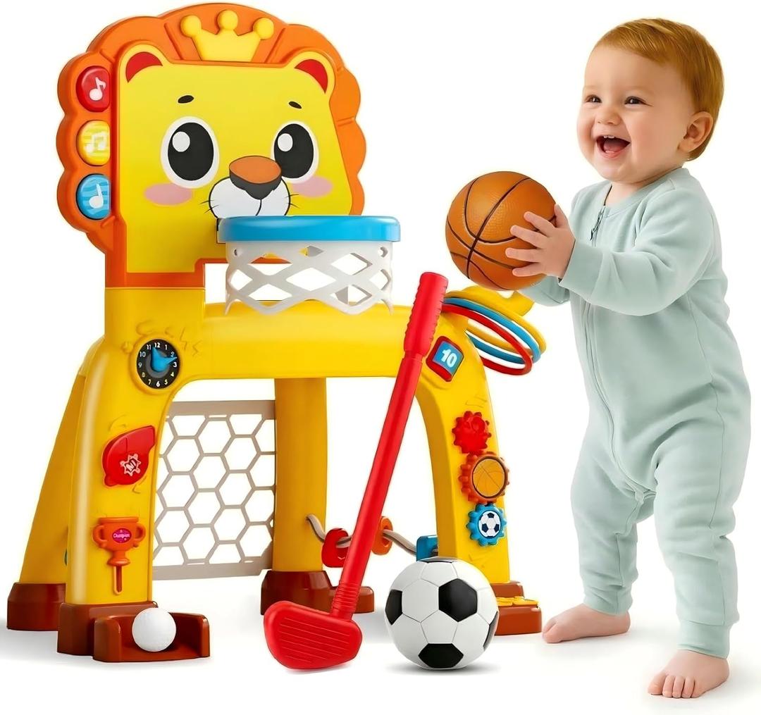 4-in-1 Toddler Basketball Hoop & Soccer Goal and Golf Toys, Interactive Lion Musical Sports Toys with Light for 1 2 3 Year Old Boys Girls, Baby Toy for 12-18 Months, Christmas Birthday Toy Gifts