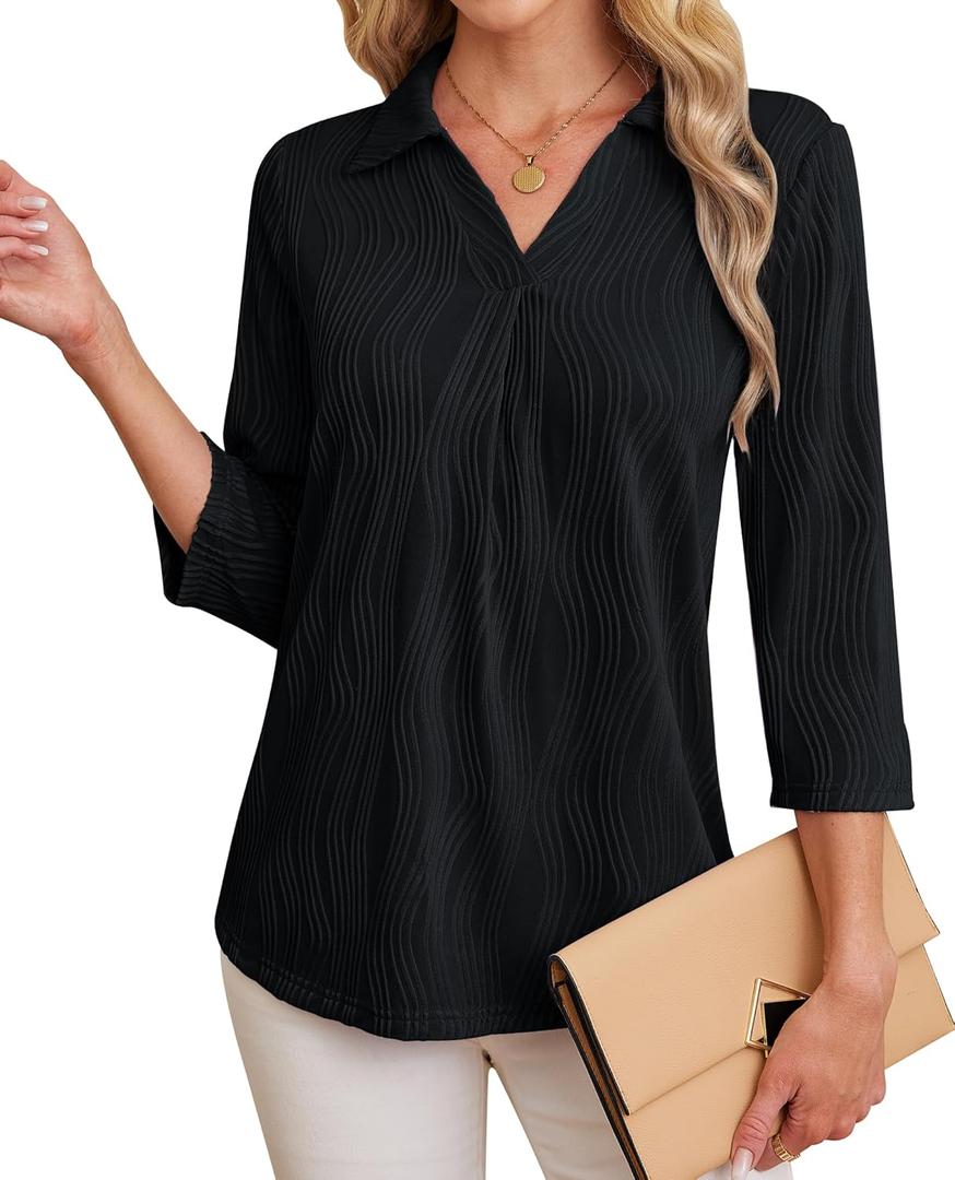 Womens 3 4 Sleeve Blouse Long Sleeve Business Casual Tunic Tops V Neck Work Tops Textured Dressy Casual Shirts (White, L)