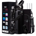 32-40-64OZ Stainless Steel Water Bottle - Black Water Bottle with Straw & Spout Lid, Paracord Handle & Bottle Sleeve, Insulated Vacuum Water Flask Double-Wall Metal Thermo Cup Canteen for Gym School