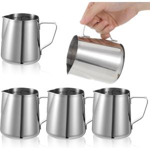 6 Pcs Milk Frothing Pitcher, Coffee Milk Frother Cup, 12oz Espresso Milks Frothing Pitcher with Measurement Marks, Stainless Steel Coffee Jug for Latte Art & Cappuccino, Silver