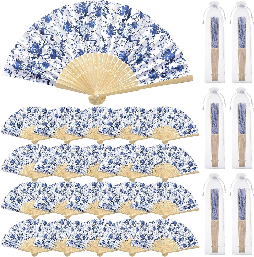 Roowest 50 Pcs Porcelain Chinoiserie Printed Hand Fan Favor Kit Folding Hand Fans Beautiful Retro Paper Fan with Organza Bag Summer Wedding Party Supplies Bridal Shower Gifts for Guests