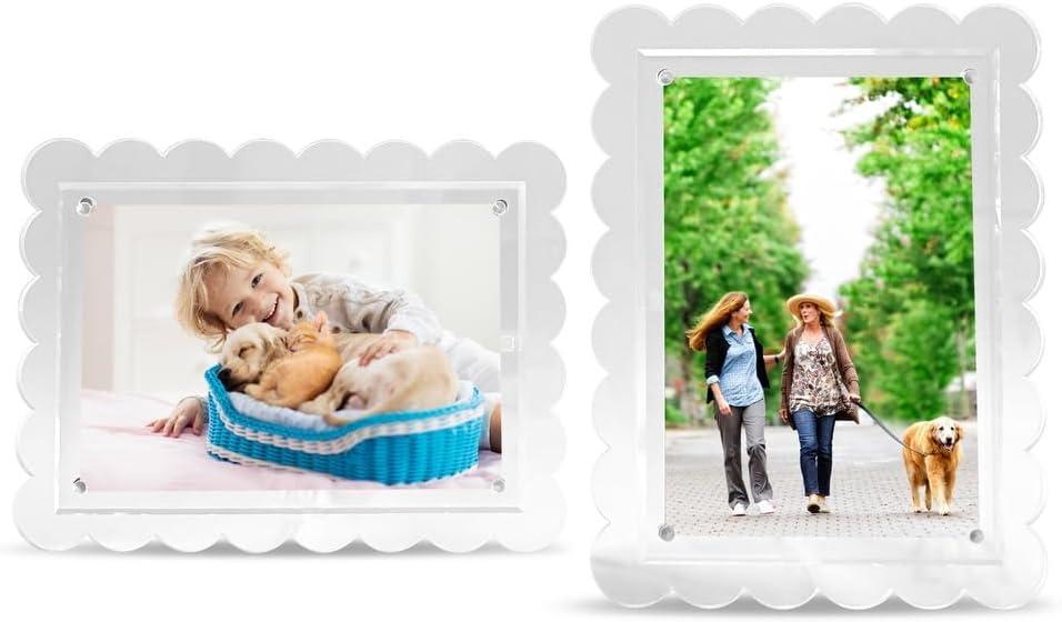 2 Pack of 5 x 7 Clear Acrylic Scalloped Picture Frames, Magnetic Acrylic Closure with Dual Kickstand Holes for Vertical and Horizontal Display