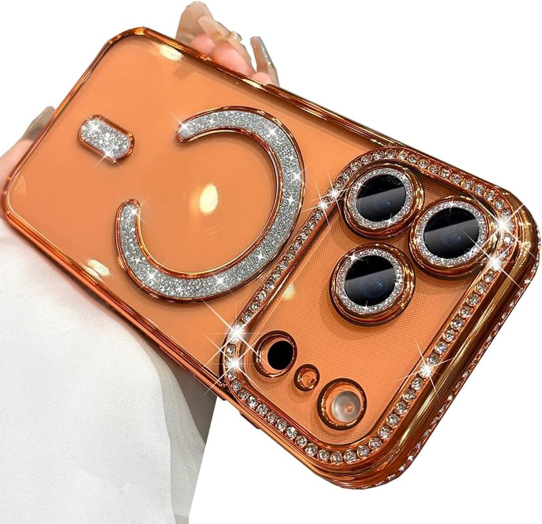 for iPhone 17 Pro Max Case Magnetic, [Compatible with MagSafe] Women Cute Clear Glitter Bling Diamond Rhinestone Sparkly Case Camera Lens Protectors Plating Cover 6.9'' 2025, Orange