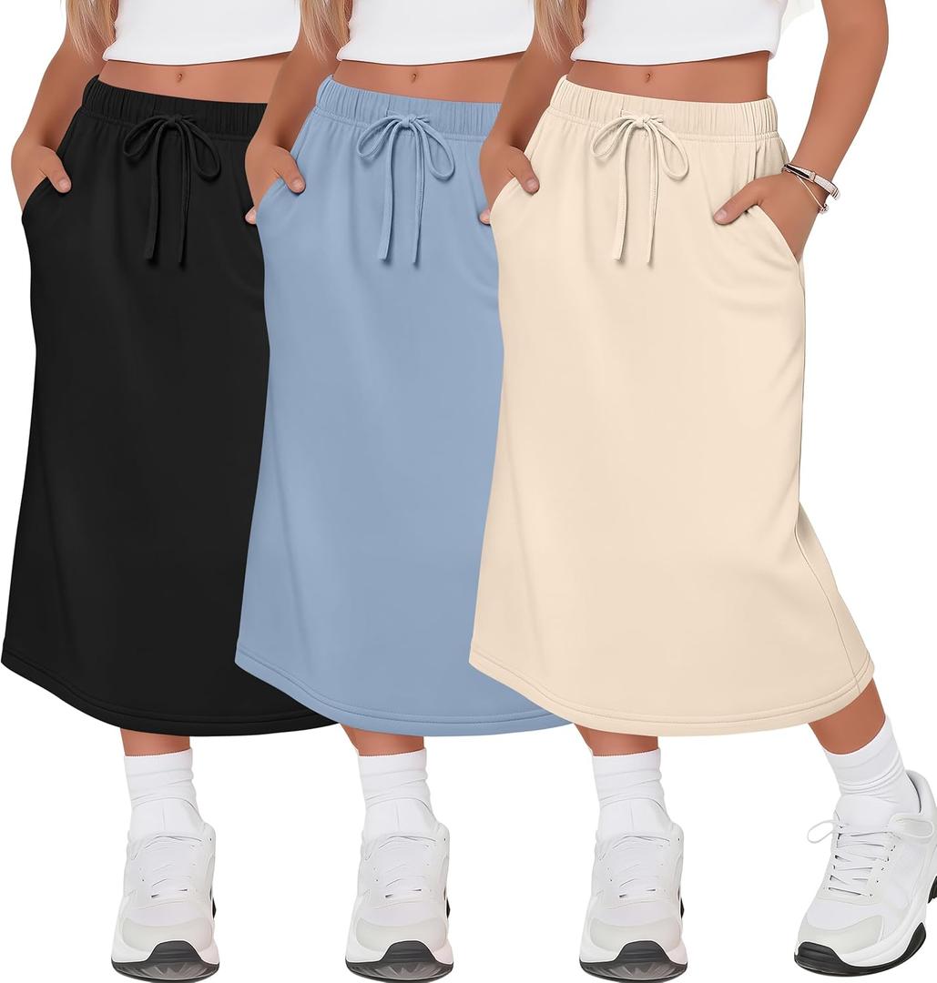 Halfchet 3 Pack Girls Midi Skirt Casual Drawstring | Knee Length, High Waist, Back Slit, with Pockets, Teen Girls Long Skirts, Summer, School, Adjustable, Breathable, Lightweight