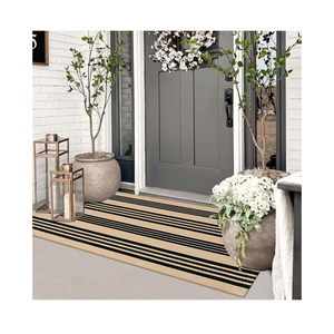 Striped Outdoor Fall Front Door Mat 24"x51", Cotton Hand Woven Washable Black and Khaki Rug Runner, Reversible Foldable Indoor Layered Front Door Rugs for Entryway/Farmhouse/Home Entrance
