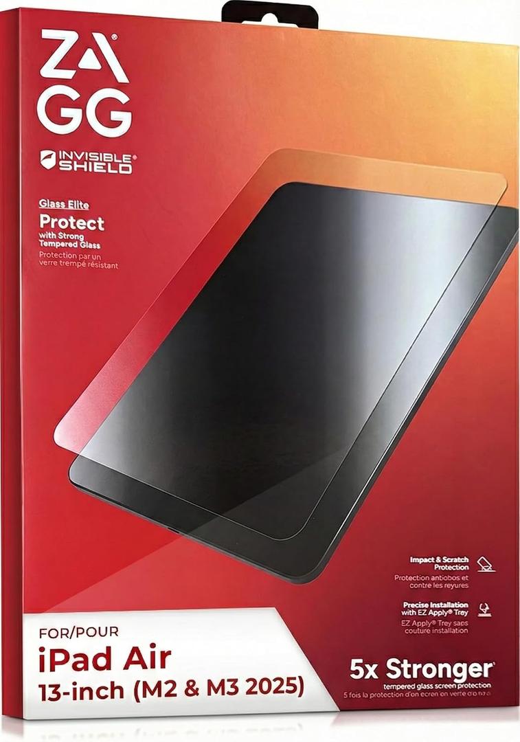 ZAGG Glass Elite Screen Protector for iPad Air 13 Inch M3/M2 (2025/2024) 5X Stronger Tempered Glass, Scratch & Shatter Protection, Smudge-Resistant, Easy Install, Case Friendly