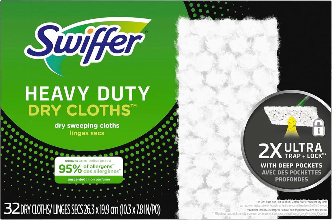 Swiffer Sweeper Heavy Duty Dry Multi-Surface Cloth Refills for Floor Sweeping and Cleaning, Unscented, 32 Count