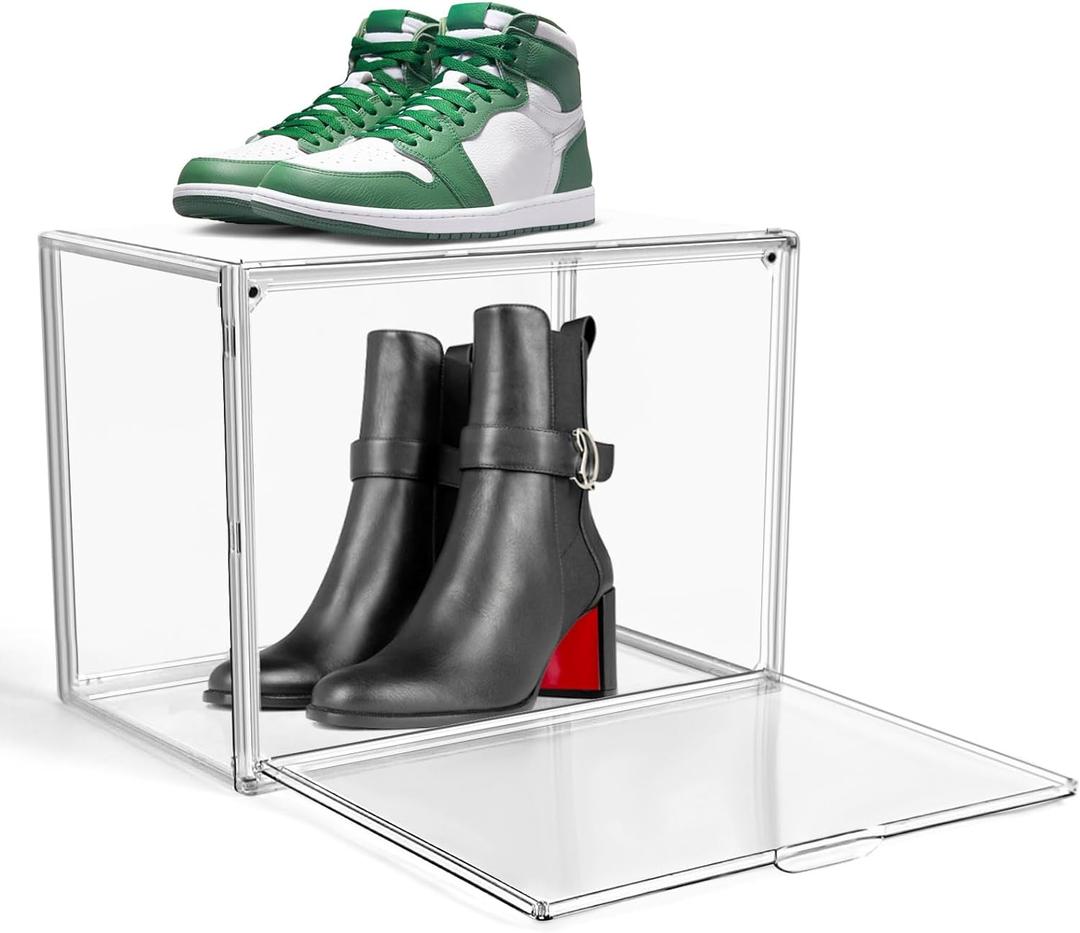 X-Large Clear Plastic Boxes for Big Shoes, Acrylic Sneaker Shoe Display Case Transparent Stackable Boot & Shoe Boxes Clear Shooe Organizer with Lids