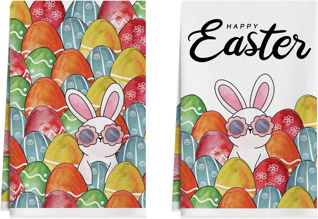 XCHI Happy Easter Watercolor Eggs Sunglasses Bunny Rabbits Easter Kitchen Towels Dish Towels 18x26 Inch Home Kitchen Decorations Hand Towels Set of 2 Drying Dishcloth