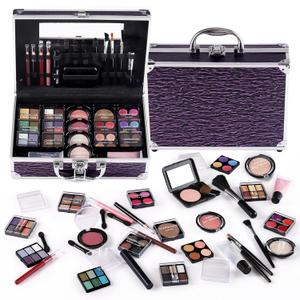 Makeup Kit for Teen Girls & Women Full Kit, Beauty Train Case with Starter Cosmetic Set, Make Up Valentine Gift Box with Eyeshadow,Lipgloss,Highlighter,Blush,Lip&Eye Pencils,Brush & More(Purple)