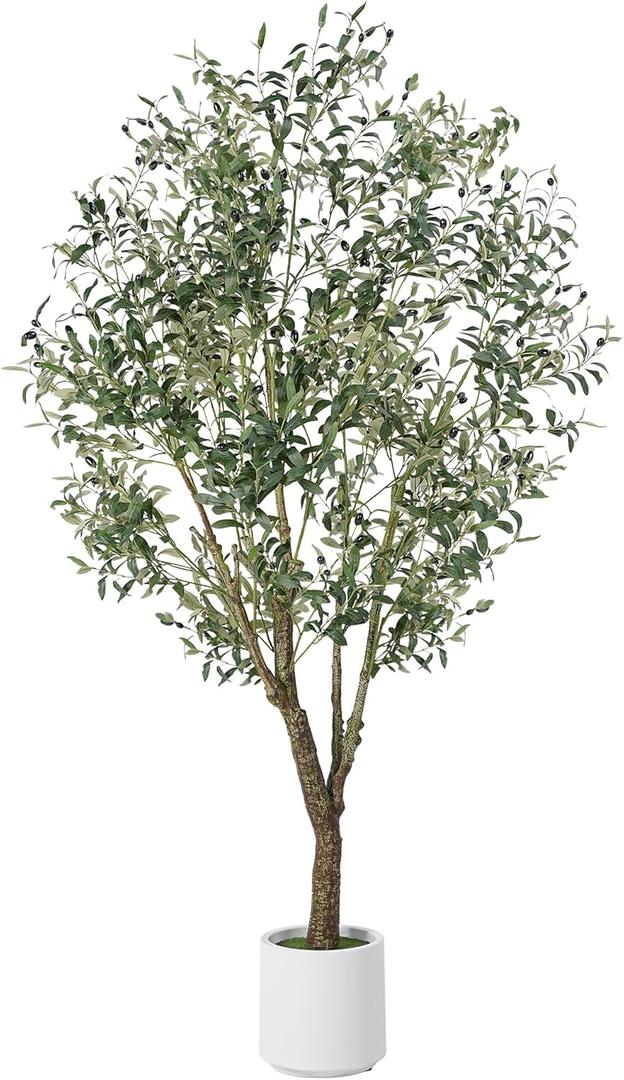 Artificial Olive Tree 7FT, Indoor Fake Silk Plant with Realistic Trunk, Leaves, Fruits and White Planter, Faux Potted Tree for Home Decor and Housewarming Gift, 1 Pack