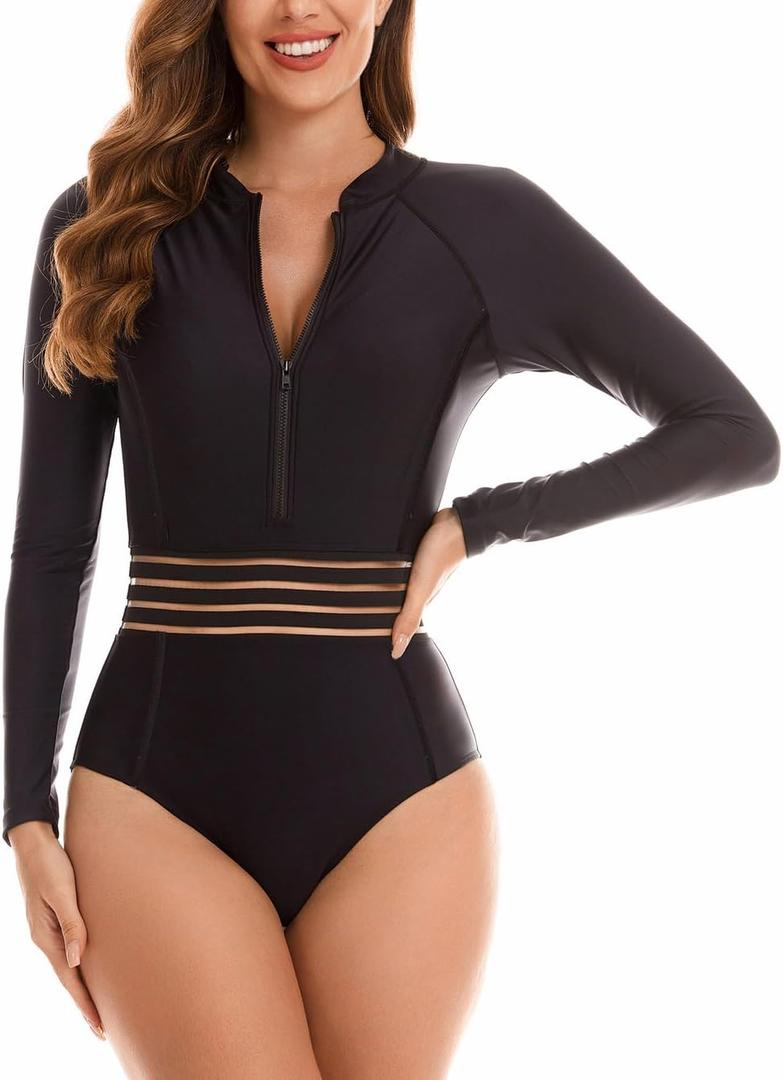 YATEEN Womens Athletic Training Swimsuit Long Sleeve Rashguard (Small, #16 Black)
