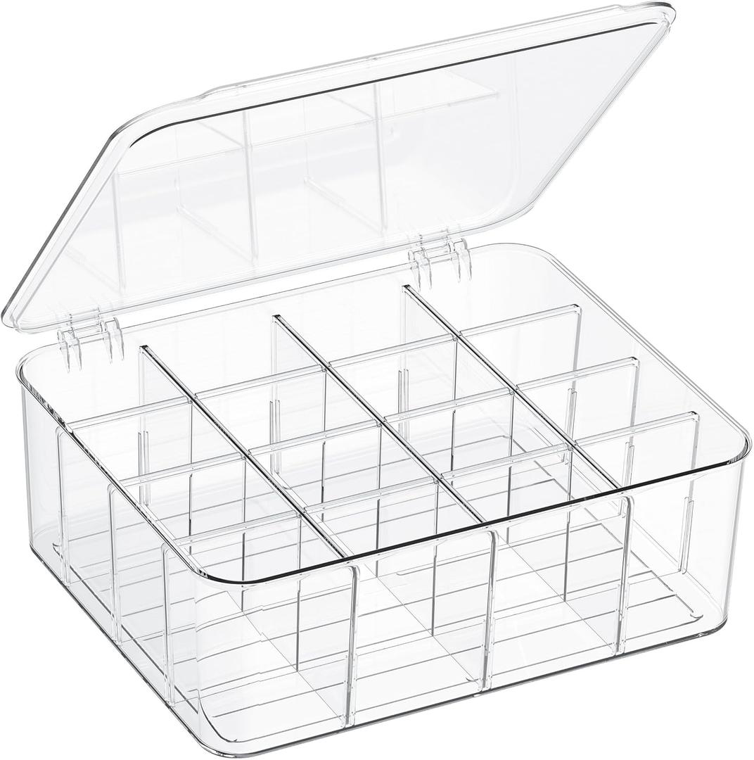 Sock Underwear Organizer, 16 Compartment Adjustable Dividers Tie Socks Underwear Drawer Organizers for Closet, Clear Plastic Storage Containers Box with Lids for Ties Scarf Socks Bras