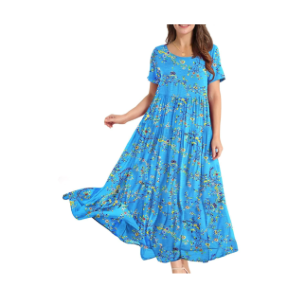 YESNO Women Casual Loose Bohemian Floral Dress with Pockets Short Sleeve Long Maxi Summer Beach Swing Dress EJF Size L