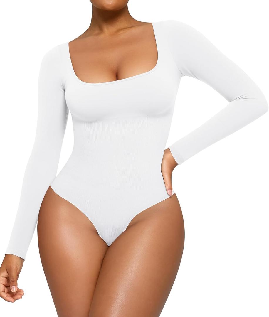 CYDREAM Long Sleeve Bodysuits for Women - Square Neck Shapewear Bodysuit Tops Going Out Body Suits Shirt Leotard (Medium, White)