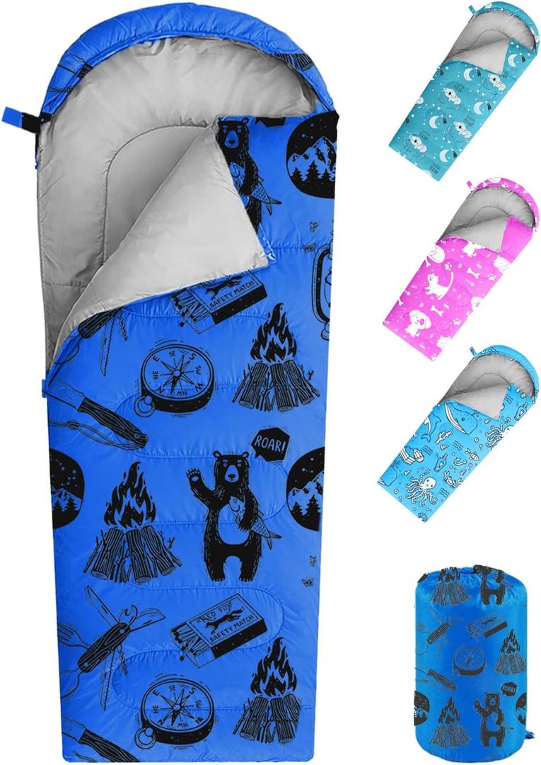 KidzAdventure Mummy Style 32  59F Kids Sleeping Bag with Pillow Sleeve, 4 Season, Lightweight and Backpacking Style, Ideal for Camping, Sleepover, Boys, Girls, and Youth (Blue youth up to 5'7")