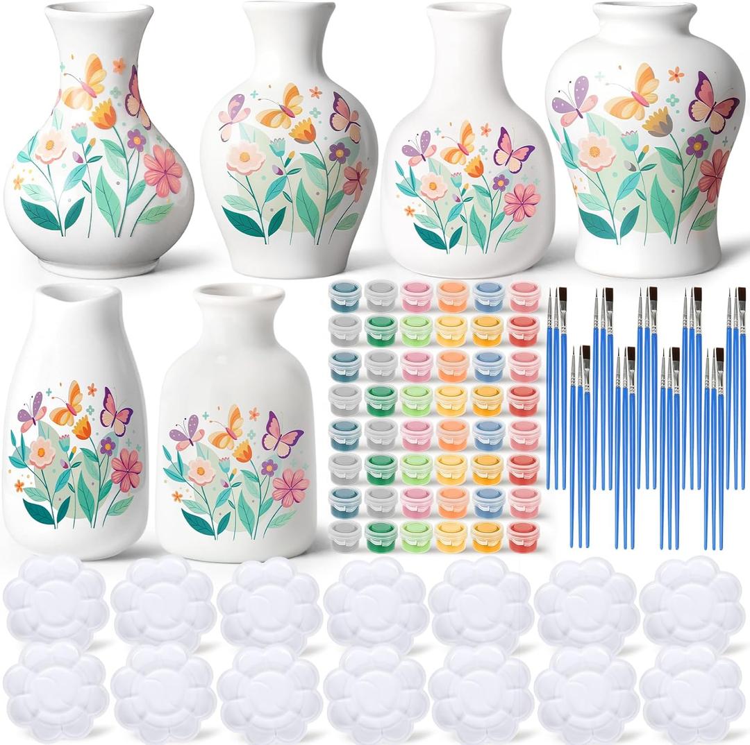 Fuyoooo 6 Sets Paint Your Own Vases Unpainted White Vases Ceramic Painting Kit for Adults with Paint Brushes, Underglaze Paints and Palettes for Christmas Birthday Party Activity Gift Art DIY Supplies