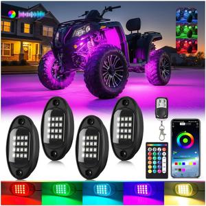 4Pods RGB LED Rock Lights for UTV SXS RZR Can-Am Four Wheeler Side by Side ATV Offroad Golf Cart, Multicolor Underglow Light Kit with APP/RF Remote Music Sync Neon Vehicle Accent Light 12V Waterproof