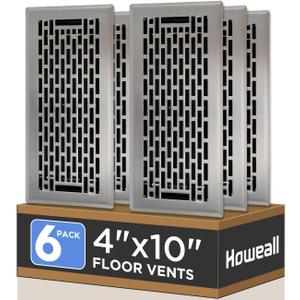 Howeall 4x10 Inches 6 Pack Heavy Duty Walkable Floor Register - Easy Adjust Air Supply Lever Decorative Floor Vent Covers, Boston Design Vent Covers for Home - Satin Nickel