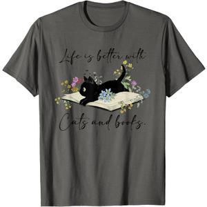 Cat Book Shirt for Women Life is Better with Cats and Books T-Shirt, Size M