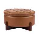 Christopher Knight Home 32" Round Storage Ottoman with Reversible Wooden Lid, Faux Leather Tufted Coffee Table, 2-in-1 Storage Ottoman, Hidden Storage Compartment, Solid Rubber Wood Base, Brown