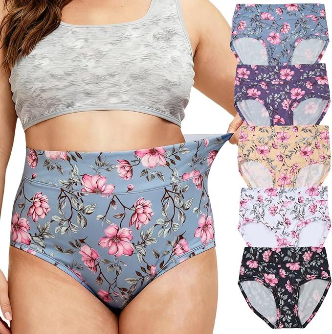 Women's Plus Size XL-5XL Underwear High Waist Briefs Panties Rose Floral Print Ladies Undies 5-Pack,4Xl