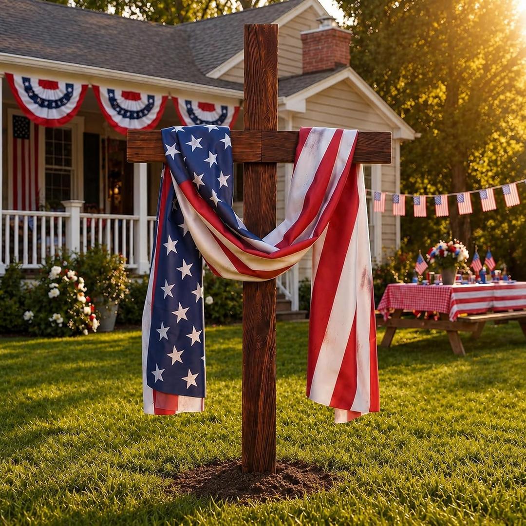 6ft Extra Large Patriotic Wood Cross with America Flag Ribbons Patriotic Decorations 4th of July Standing Cross Christian Yard Porch Sign Decor for 250th Anniversary Memorial Day Indoor Outdoor Decor