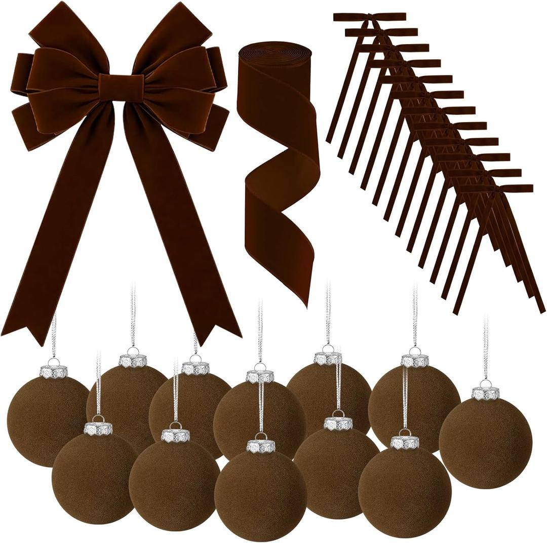 26 PCS Christmas Velvet Ornaments Decor Kit - Tree Toppers Bow, Ribbon, 12 Flocked Christmas Balls & 12 Vintage Bows for Brown Holiday Xmas Tree Decorations (Brown)