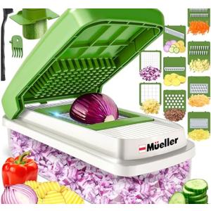 Mueller Vegetable Chopper 9 Blade, Mandoline Slicer, Food Veggie Chopper, Cheese Grater, Onion Vegetable Cutter with Container, Dicer, Kitchen Gadgets & Essentials, White Sand/Green Set of 2