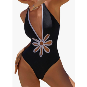 MakeMeChic Women's One Piece Swimsuit Floral Halter Plunge V Neck Cut Out Backless Tummy Control Swimwear, Black, XL