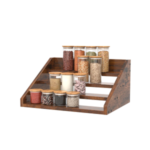 4 Step Spice Rack Organizer for Cabinet, Robust Wooden Display Riser Shelf Seasoning Organizer for Countertop Cupboard Pantry, Condiment Jar Kitchen Storage Holder Super Sturdy Stand, Rusitc Brown