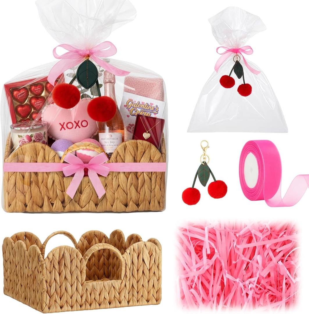 Valentines' Day Small Woven Gift Basket Empty Galentines with Gift Bags and Ribbons Raffia Cherry Pendant Storage Basket Decorative for Valentines Birthday Party Supplies 11.02'' x 11.02'' x 5.12''