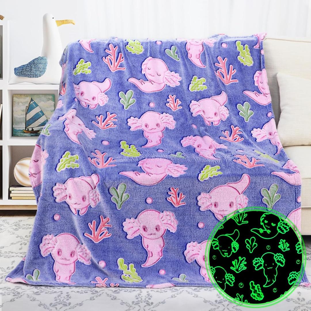Glow in The Dark Blanket Axolotl Gifts Toys for Girls Cute Axolotl Blanket for Birthday Gifts (Throw Size 50" x 60" (130 x 150 cm))