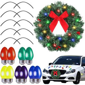 Frienda Christmas Car Wreath Magnetic Decorations Set Artificial Car Wreath LED Light Reflective Bulb Light Shaped Car Magnets Magnet Wires Xmas Winter Party Car Garage Mailbox Decor Red Berry)
