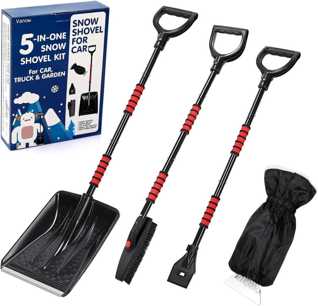 Snow Shovel Kit Removal Tools - 5 in 1 Foldable Car Snow Shovel + Snow Brush + Ice Scraper + Glove + Mini Ice Scraper, Portable Emergency Snow Remover Shovel Set for Car Truck Camping Outdoor