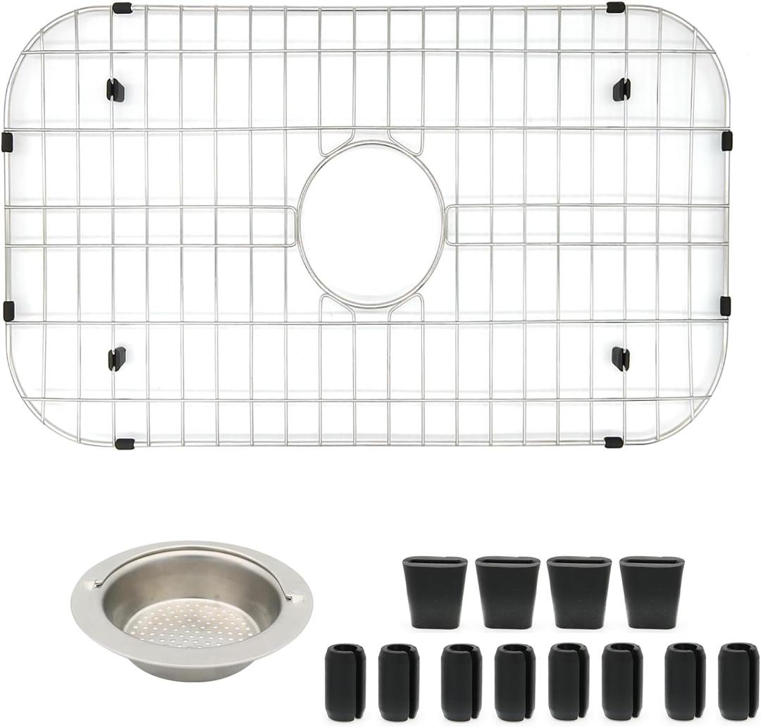 Kitchen Sink Grid 26-1/8"x14-1/4 - Heavy Duty Kitchen Sink Protector with Built-in Strainer & Center Drain, Non-Slip Rubber Feet & Scratch Resistant Bottom Guard