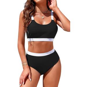 Womens High Waisted Bikini Sets Sporty Crop Top Color Block Swimwear Bandeau Scoop Neck Vintage Two Piece Bathing Suits (Large, Black)